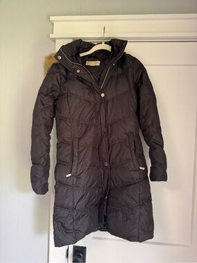 Michael Kors Black Quilted Long Puffer Winter Coat with Faux Fur Hood see photos